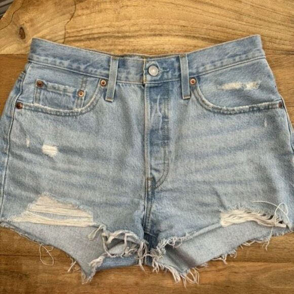 Levi's Pants - Levi’s 501 Distressed Frayed Denim Jean Shorts Blue Raw Hem Size 28 Cotton